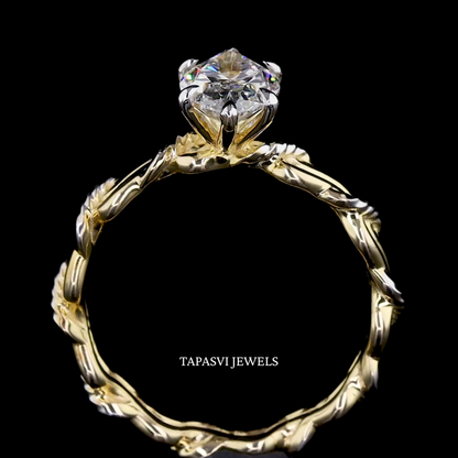 Two tone gold bridal ring set with unique twisted shank and brilliant center diamond
