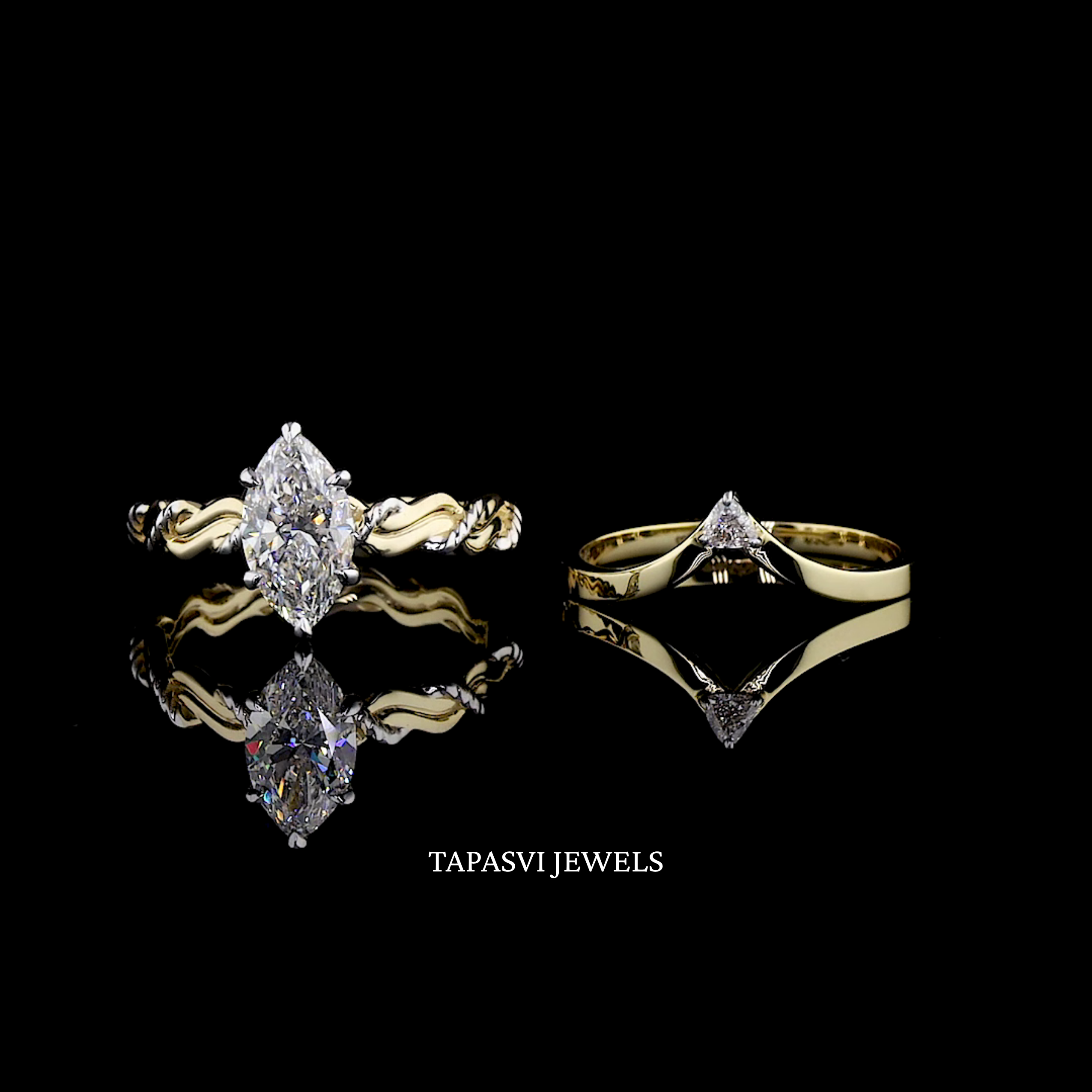 Elegant diamond engagement ring set with curved twisted band detail