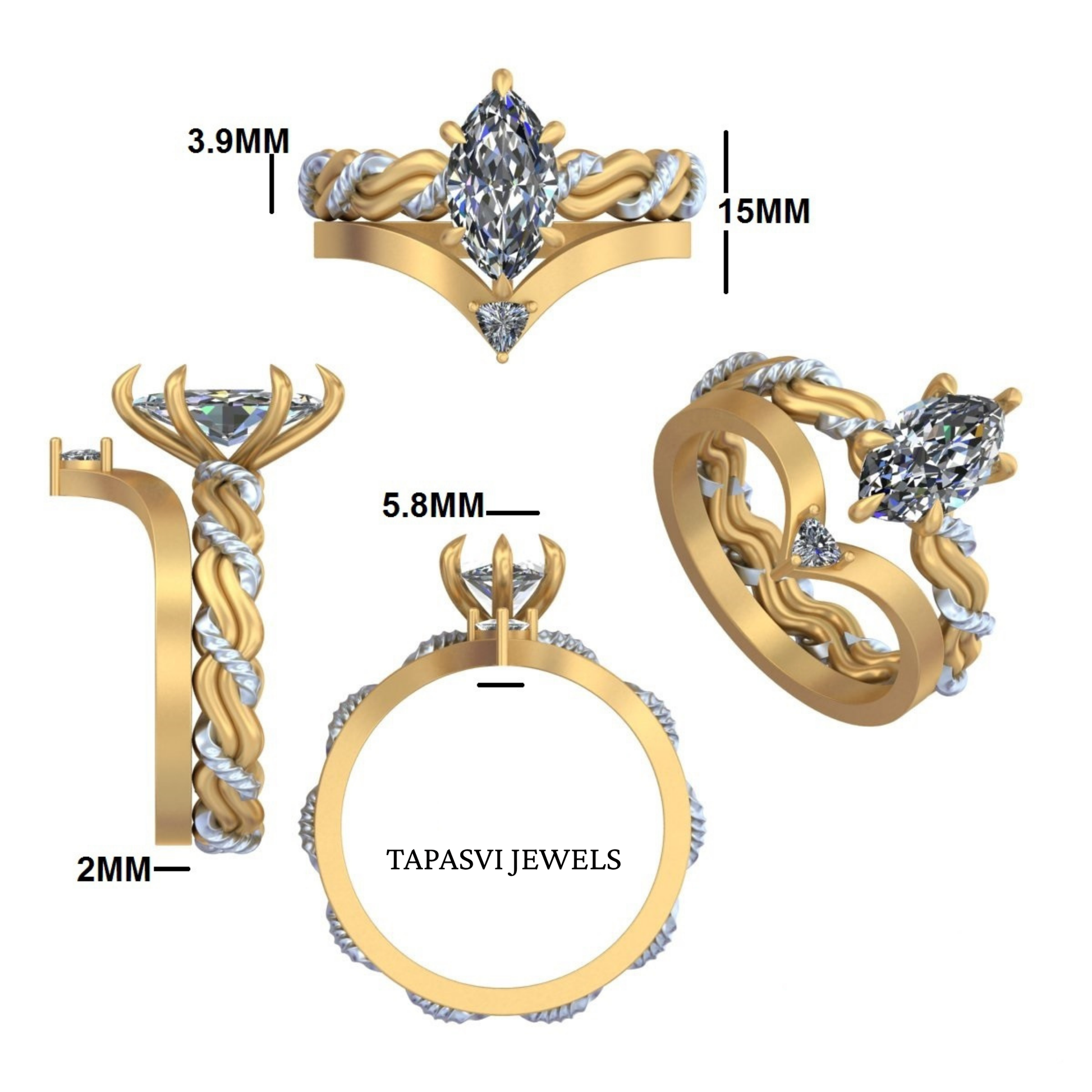 Two tone twisted band ring set with refined craftsmanship and polished finish