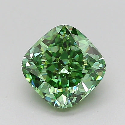CUSHION 0.91 CARAT FANCY VIVID GREEN VVS2  VG VG NONE