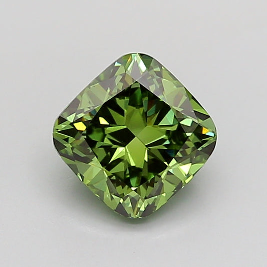 CUSHION 1.21 CARAT FANCY VIVID GREEN VS1  EX VG NONE